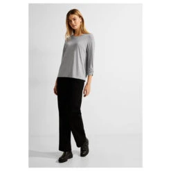 Cecil Damen 3/4 Arm Shirt Basic Glitter Mineral Grey Melange -Modebekleidungs Geschäft cecil 3 4 arm basic glitter shirt grau 10327 model
