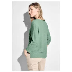 Cecil Damen 3/4 Arm Pullover Structured V-Neck Salvia Green Melange -Modebekleidungs Geschäft cecil 3 4 arm structured v neck pullover gruen 15570 model hinten