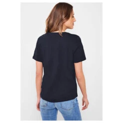 Cecil Basic Rounded V-Neck T-Shirt Deep Blue -Modebekleidungs Geschäft cecil basic rounded v neck t shirt blau 10128 ansicht hinten