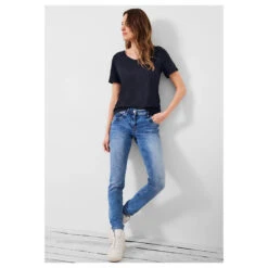 Cecil Basic Rounded V-Neck T-Shirt Deep Blue -Modebekleidungs Geschäft cecil basic rounded v neck t shirt blau 10128 ansicht vorne