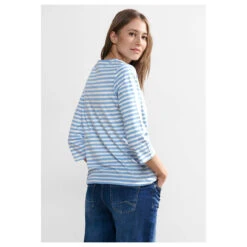 Cecil Damen 3/4 Arm Shirt Boatneck Melange Stripe Soda Blue -Modebekleidungs Geschäft cecil boatneck melange stripe 3 4 arm shirt blau 25568 model hinten