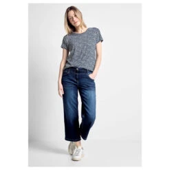 Cecil Damen T-Shirt Button With Minimalprint Universal Blue -Modebekleidungs Geschäft cecil button t shirt with minimalprint beige 35512 model