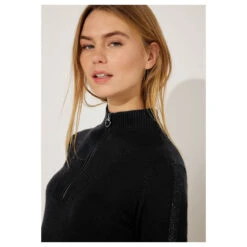 Cecil Damen Langarm Kleid Cozy Zip Troyer Black -Modebekleidungs Geschäft cecil cosy zip troyer dress troyerkleid schwarz 10001 model detail