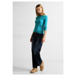 Cecil Damen 3/4 Arm Shirt Basic Boatneck Frosted Aqua Blue Stripes -Modebekleidungs Geschäft cecil langarmshirt streifen blau 25318 model ganz