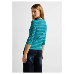 Cecil Damen 3/4 Arm Shirt Basic Boatneck Frosted Aqua Blue Stripes -Modebekleidungs Geschäft cecil langarmshirt streifen blau 25318 model hinten