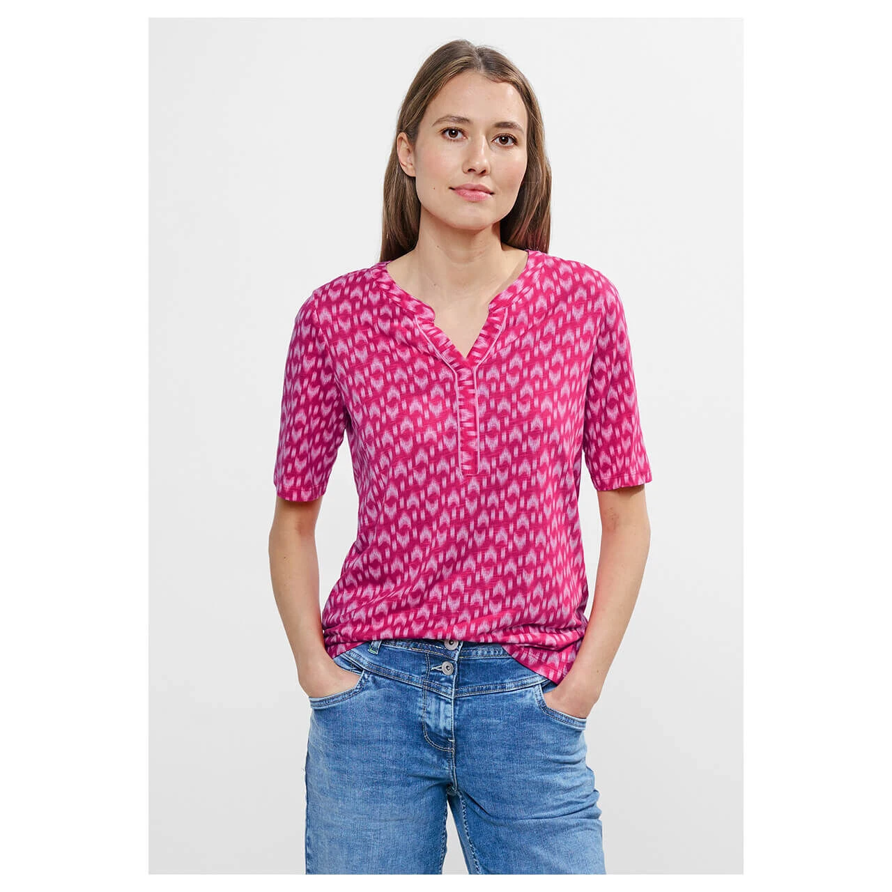 Cecil Damen T-Shirt Minimal Tunic Splitneck Pink Sorbet Printed 2 Cecil Damen T-Shirt Minimal Tunic Splitneck Pink Sorbet Printed – Bild 2