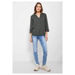 Cecil Solid Damen 3/4 Arm Bluse Easy Khaki -Modebekleidungs Geschäft cecil solid blouse bluse gruen 14684 vorne