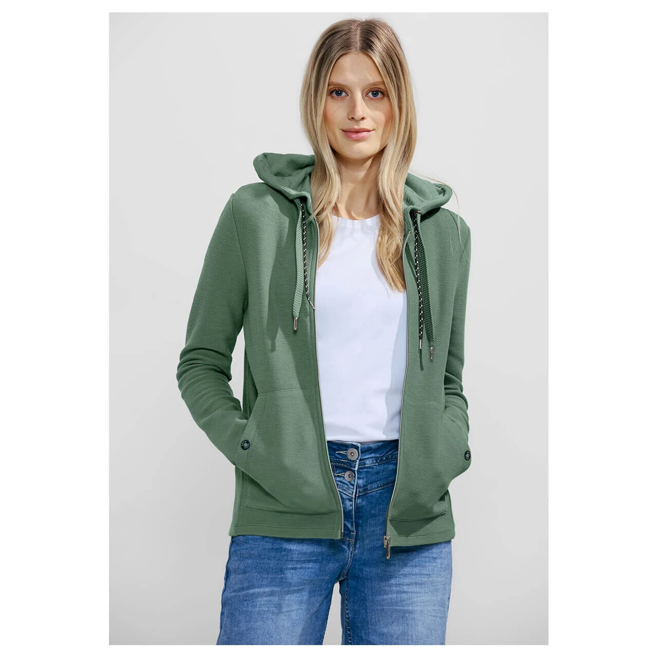 Cecil Damen Hoodie Shirtjacke Solid Raw Salvia Green 2 Cecil Damen Hoodie Shirtjacke Solid Raw Salvia Green – Bild 2