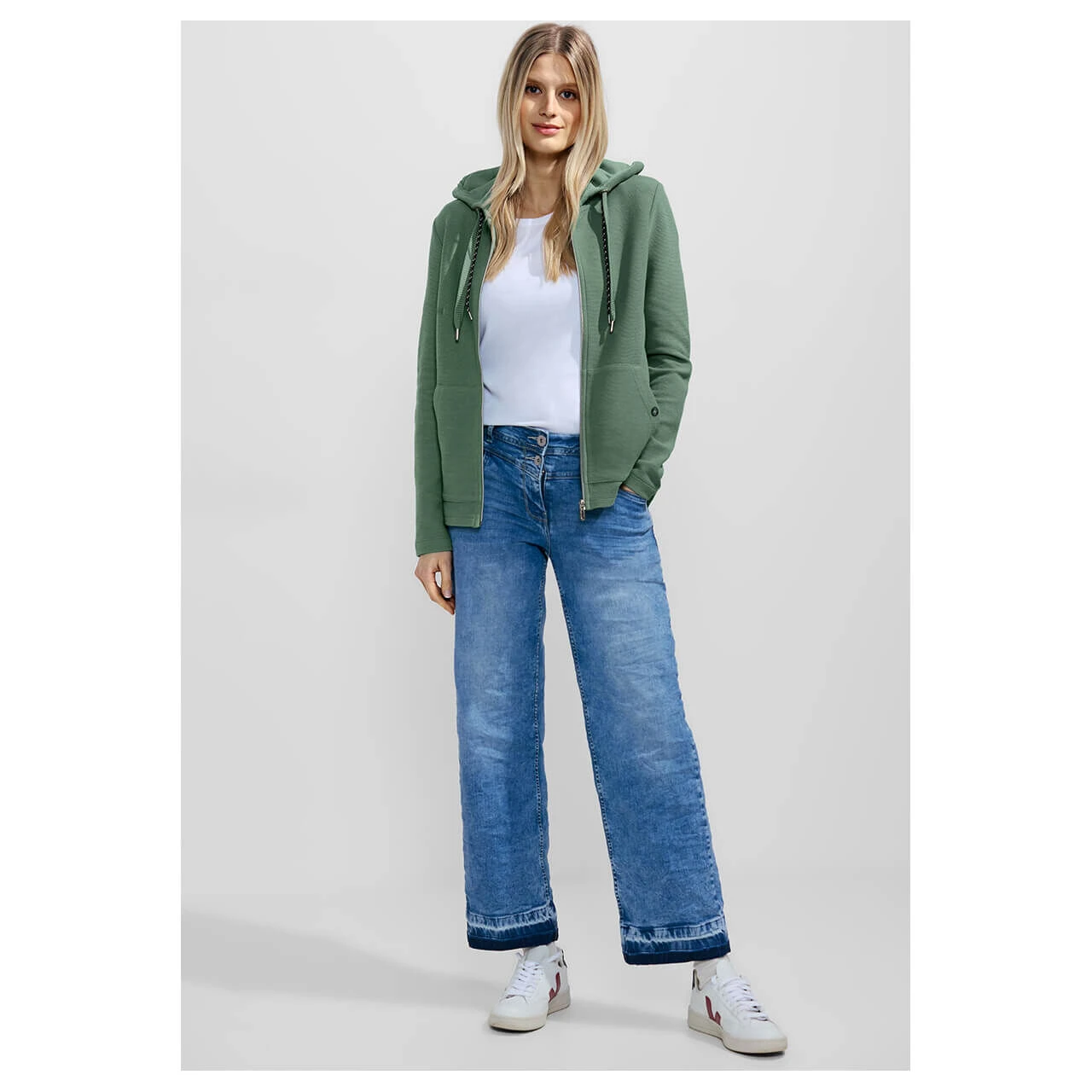 Cecil Damen Hoodie Shirtjacke Solid Raw Salvia Green 4 Cecil Damen Hoodie Shirtjacke Solid Raw Salvia Green – Bild 4