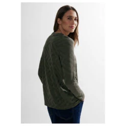 Cecil Damen Langarm Shirt Solid Jacquard Tunic Dynamic Khaki -Modebekleidungs Geschäft cecil solid jacquard tunic langarmshirt gruen 15612 model hinten