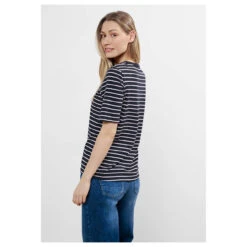 Cecil Damen T-Shirt Stripe Basic Roundneck Tender Rose 8 Cecil Damen T-Shirt Stripe Basic Roundneck Tender Rose -Modebekleidungs Geschäft cecil stripe basic roundneck blau 25602 model hinten