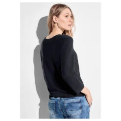 Cecil Damen 3/4 Arm Pullover Structured V-Neck Universal Blue -Modebekleidungs Geschäft cecil structured v neck pullover blau 15512 model hinten
