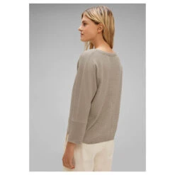 Street One Damen 3/4 Arm Pullover 2-Color Knit Look Sand Melange -Modebekleidungs Geschäft street one 2 color knit shirt beige 25379 ansicht model hinten