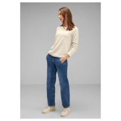 Street One Damen Sweatshirt Big Cord Structure Smooth Sand Beige -Modebekleidungs Geschäft street one big cord structure langarmshirt beige 15437 model