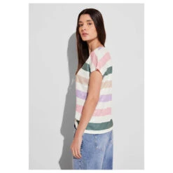 Street One Damen T-Shirt Big Multicolor Stripe Off White -Modebekleidungs Geschäft street one big multicolor striped shirt weiss 30108 model seite