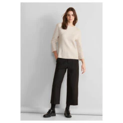 Street One Damen 3/4 Arm Pullover Round Neck Structure Cream White Melange -Modebekleidungs Geschäft street one round neck with structure pullover weiss 14959 model