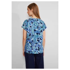 Street One Damen Kurzarm Bluse Splitneck Intense Aqua -Modebekleidungs Geschäft street one shirtblouse with splitneck bluse blau 35681 model hinten