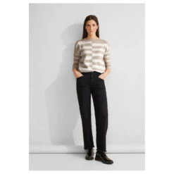 Street One Damen 3/4 Arm Pullover Striped U-Boat Sweater Sand Melange -Modebekleidungs Geschäft street one striped sweater pullover beige 25379 model