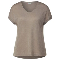 Street One Damen T-Shirt V-neck Shiny Safari Beige