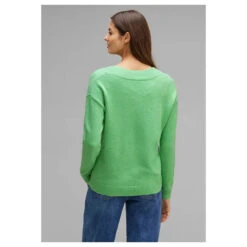 Street One Damen Pullover V-neck Sweater Light Green Melange -Modebekleidungs Geschäft street one v neck sweater gruen 15380 model hinten