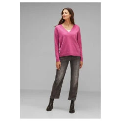 Street One Damen Pullover V-neck Sweater Cozy Pink Melange -Modebekleidungs Geschäft street one v neck sweater rosa 15310 model