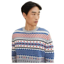 Tom Tailor Herren Pullover Grey Navy Allover Jacquard -Modebekleidungs Geschäft tom tailor knitted jacquard pullover grau 30797 detail vorne