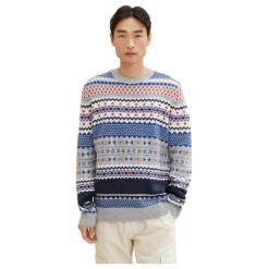 Tom Tailor Herren Pullover Grey Navy Allover Jacquard -Modebekleidungs Geschäft tom tailor knitted jacquard pullover grau 30797 vorne