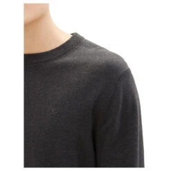 Tom Tailor Herren Pullover Basic Crewneck Black Grey Melange Compact Cotton -Modebekleidungs Geschäft tom tailor pullover crewneck knit grau 10617 model detail