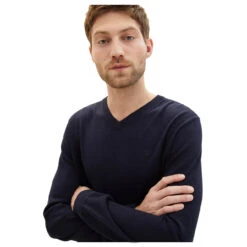 Tom Tailor Herren Pullover Basic V-neck Knitted Navy Melange Compact Cotton -Modebekleidungs Geschäft tom tailor pullover v neck knit blau 13160 model