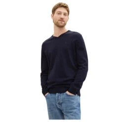 Tom Tailor Herren Pullover Basic V-neck Knitted Navy Melange Compact Cotton -Modebekleidungs Geschäft tom tailor pullover v neck knit blau 13160 model detail