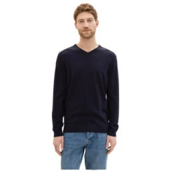 Tom Tailor Herren Pullover Basic V-neck Knitted Navy Melange Compact Cotton -Modebekleidungs Geschäft tom tailor pullover v neck knit blau 13160 model vorne