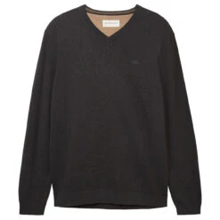Tom Tailor Herren Pullover Basic V-neck Black Grey Melange Compact Cotton