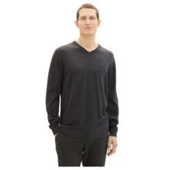 Tom Tailor Herren Pullover Basic V-neck Black Grey Melange Compact Cotton -Modebekleidungs Geschäft tom tailor pullover v neck knit grau 10617 model