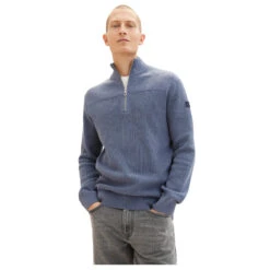 Tom Tailor Herren Troyer Pullover Vintage Indigo Blue Melange -Modebekleidungs Geschäft tom tailor structured knit troyer blau 18964 model front